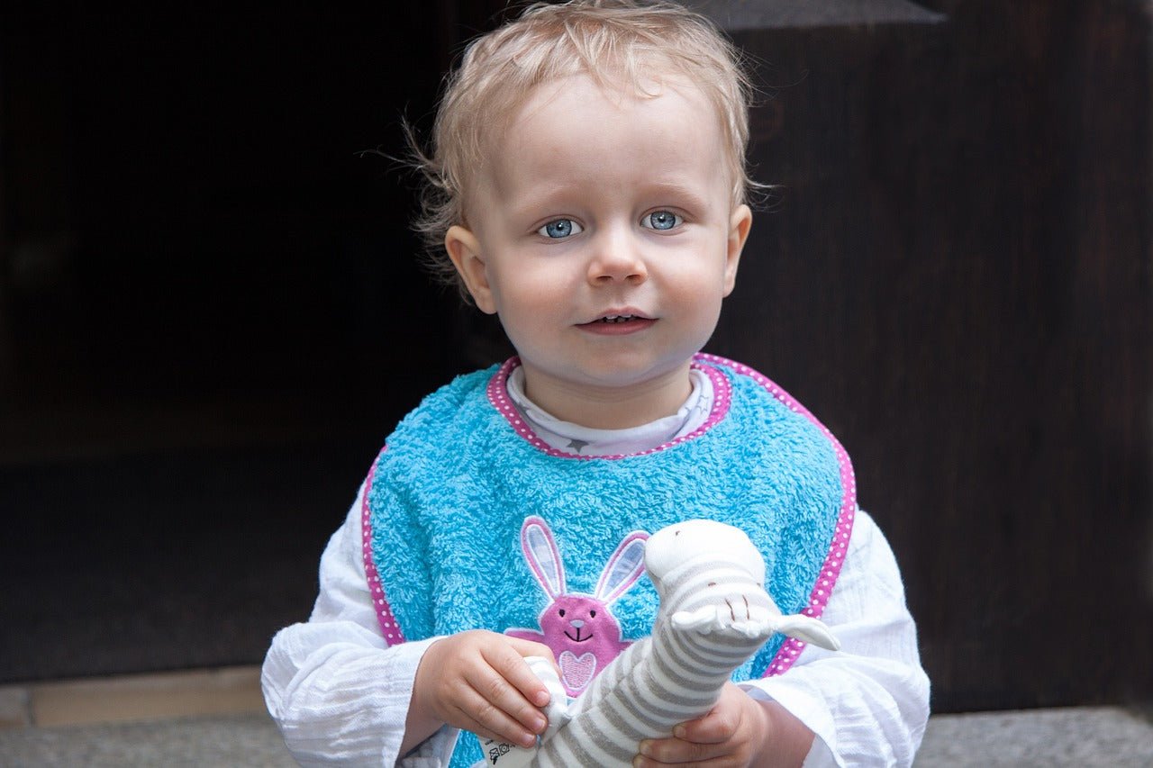 baby wearing bib holding giraffe toy