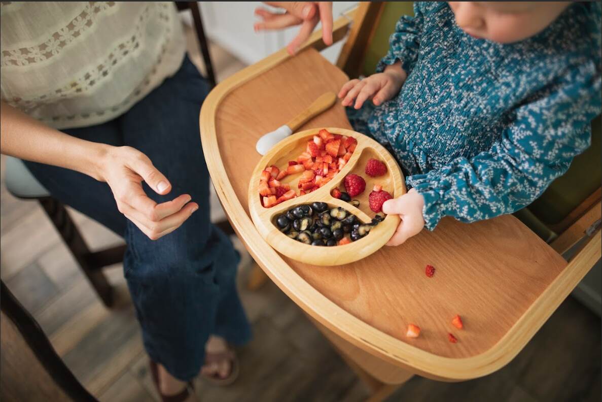 Baby sitting in highchair with fruit on a plate