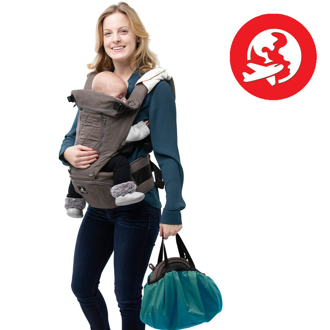 The Huggs carrier easily folds to fit into the included carrying bag